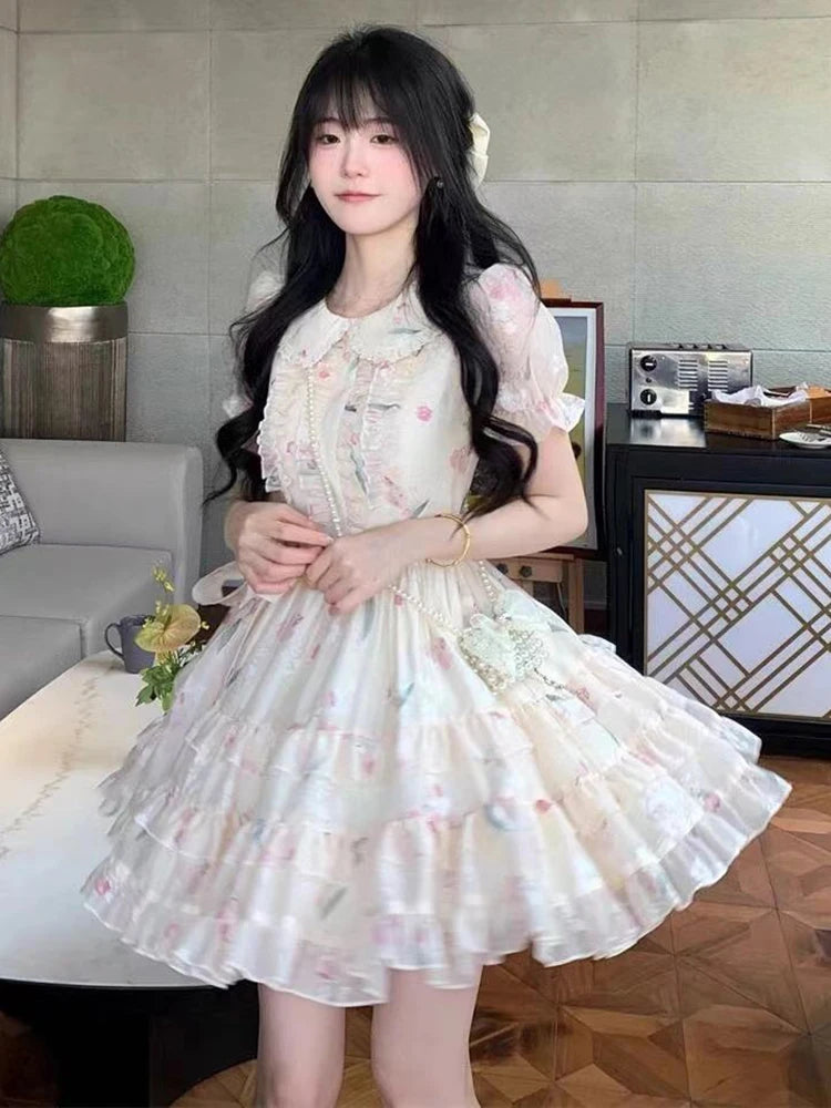 Lunivop  Floral Sweet Mini Dress Women Vintage Cute Ruffles Puffy Sleeve Dress Casual Summer Slim High Quality Elegant Vestidos New