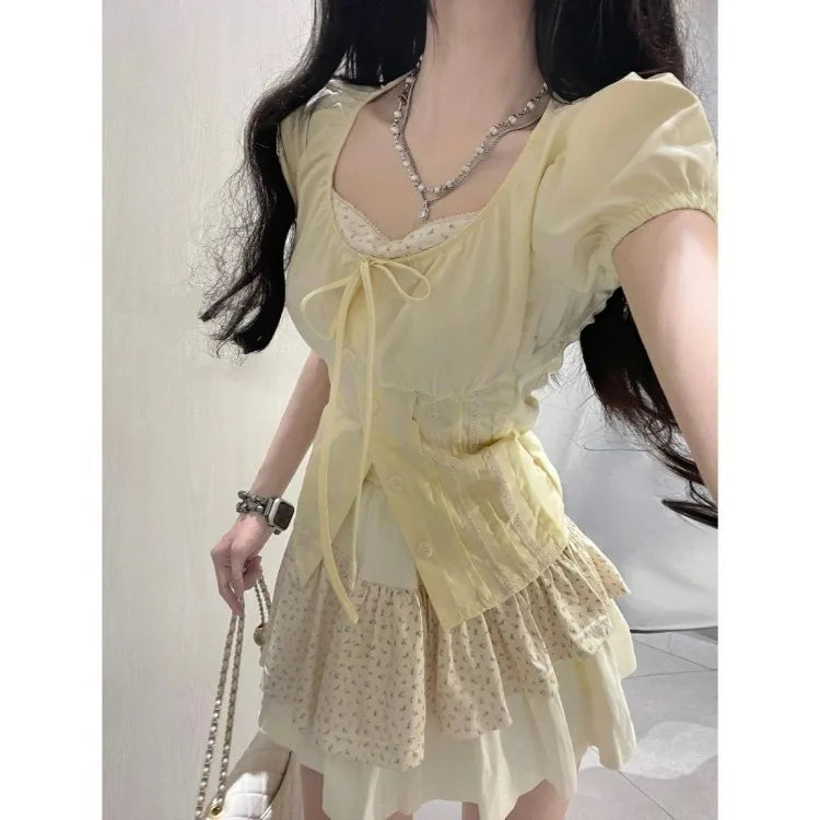 Lunivop  Puff Sleeve Fake Two Piece Patchwork Shirts Women+ Fashion Sweet Floral Ruched Cake Skirts 2025 Summer New Two Piece Sets