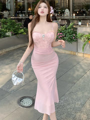 Lunivop  Women Pink Mesh Patchwork Jacquard Diamonds Sling Long Dress Summer Elegant Casual Holiday Dress Korean Bodycon Party Dress
