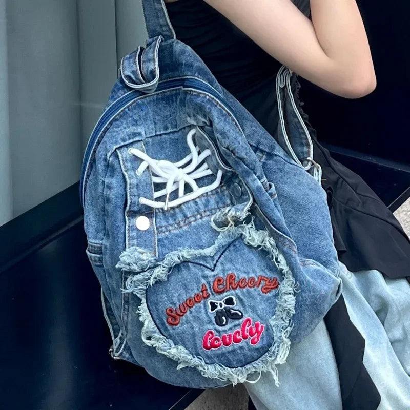 Lunivop Pink Y2k Womens Backpack Denim Fashion Cute Large Capacity Vintage Backpack Letter Embroidery Harajuku Style Aesthetic Bags