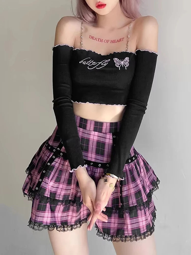 Lunivop  Mall Goth Gothic Lace Ruffle Mini Skirts Womens Harajuku Fairy Grunge Pink Plaid Pleated Skirt Japanese Lolita Streetwear