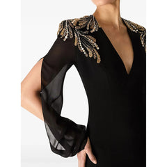 Lunivop  Black Jersey Evening Dress Crystal Long Sleeves Elegant Women's Long Dresses V-Neck Floor Length Evening Gowns