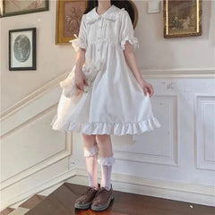 Lunivop  Japanese Lolita White Dress Summer Puff Sleeve Ruffles Dress Preppy Style Kawaii Sweet Fairy Peter Pan Collar Women Midi Dresses