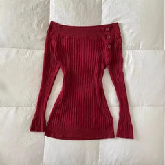 Lunivop  Fashion American Vintage Slash Neck Knitted Sweaters Y2k Solid Simple French Streetwear Pullover Casual Autumn Women Clothes
