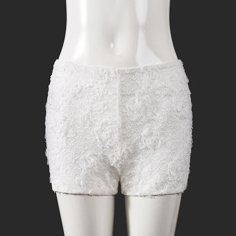Lunivop  Leisure New Style Fashion Pure White 3D Flower Decorative Elastic Waist Stretchable Package Hip Shorts Hottie Club Clothing