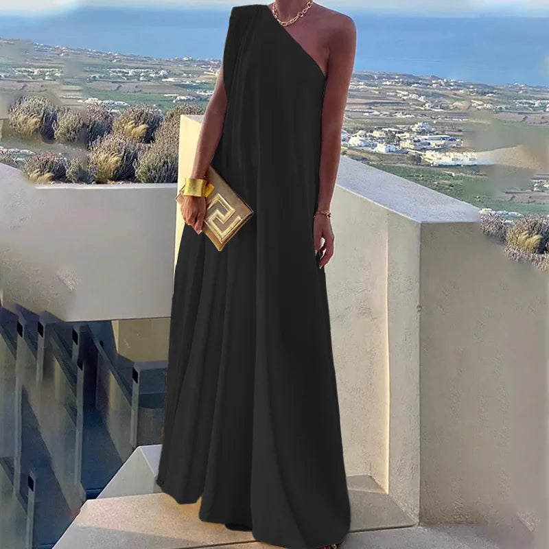 Lunivop  Elegant Off Shoulder Bohemian Long Party Dress Women One Shoulder Loose Dresses Fashion Solid Slash Neck Sundress