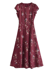 Lunivop  Vintage French Style Wine Red Floral  Backless Split Midi Dress Elegant Woman Hollow Out Hole Short Sleeve Dresses Vestido