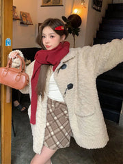 Lunivop Retro Sweet Faux Lamb Coat Women Loose Preppy Style Sweet Long Sleeve Warm Jacket Korean Vintage Casual Pockets Winter Tops