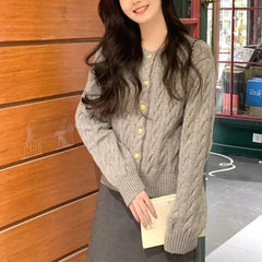 Lunivop Vintage Long Sleeve Cardigan Women Sweater O-neck Elegant Knitted Top Fashion Autumn Grey Knitwear