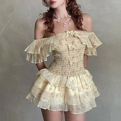 Lunivop  American Sweet Bow Slim Waist Cake Dress for Women New Flying Sleeve Floral Dresses Summer All-match Vestido Feminino