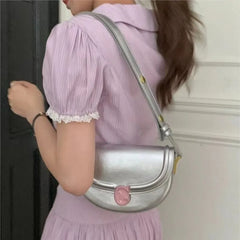 Lunivop  Hot Girl Retro Silver Saddle Bag Women Contrast Pink Buckle Large Capacity Shoulder Bag Ladies Fashion Y2k Chic Underarm Bag New
