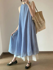 Lunivop  Women Beach Sweet Long Skirt Casual Loose O Neck Elegant Patchwork Dress Vintage Korean Summer Design Lady Retro Blue Dress