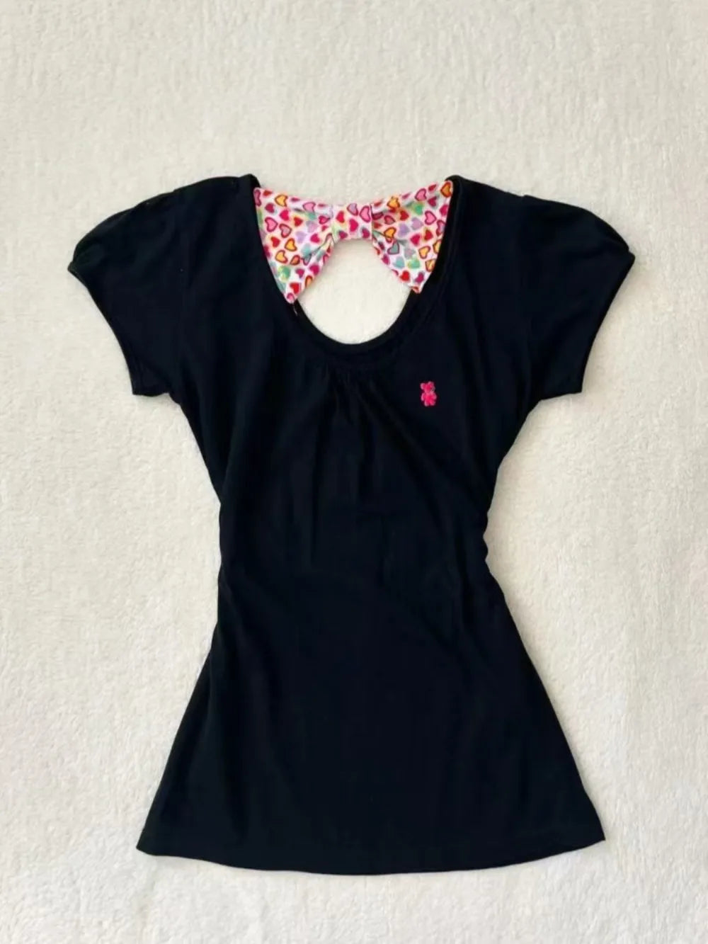 Lunivop  Summer New American Vintage Crop Top Embroidery Bear Bow Half Sleeve Short Slim Mujer Personalized Harajuku Women T-shirt