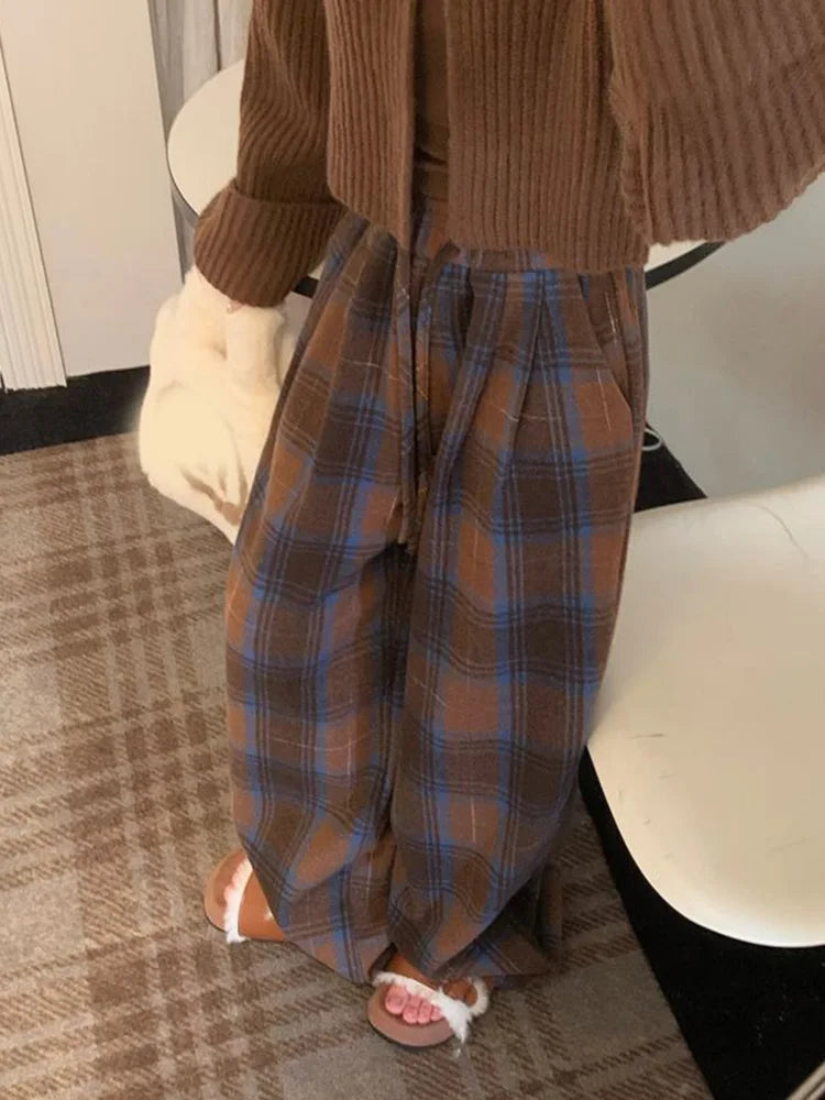 Lunivop Faux Woolen Warm Plaid Pants Women Vintage Harajuku High Waist Wide Leg Trousers Streetwear Retro Loose Casual Fall Winter Pant