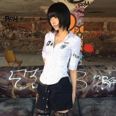 Lunivop Y2k Japanese Striped Shirt Women Three Quarter Print Graphic Tops 2000s Aesthetic Tops Japanese Summer Crop Tops Grunge