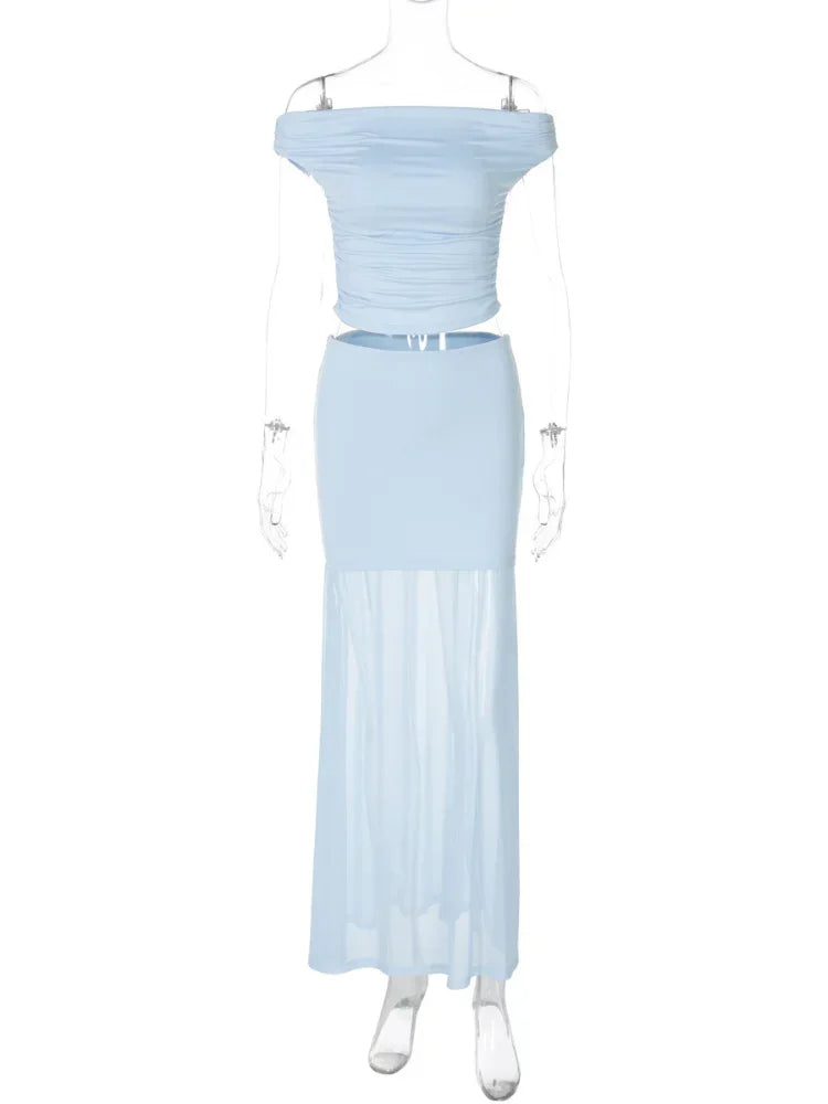 Lunivop   Mesh Patchwork Sheer Maxi Skirts Suit Women Summer Sexy Off Shoulder Slim Tops Two Piece Sets Chic Lady Elegant Long Dress 2025