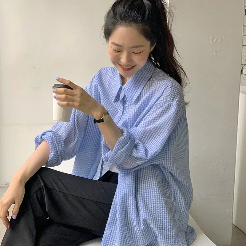 Lunivop Korean Women's Shirt Sunscreen Long Sleeves Shirt Summer Women's Loose Casual Single Breasted Turndown Collar Plaid