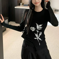 Lunivop Autumn New High Street Floral Printed Irregular Sexy Knitted Camisole Women + Black Long-sleeved T-shirt Two-piece Suit
