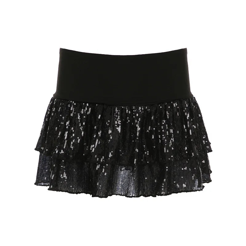 Lunivop Sequins Tiered Mini Skirt Gothic Mid Waist A-line Layered Short Skirts Dark Academia Pleated Skirts Festival Bottoms