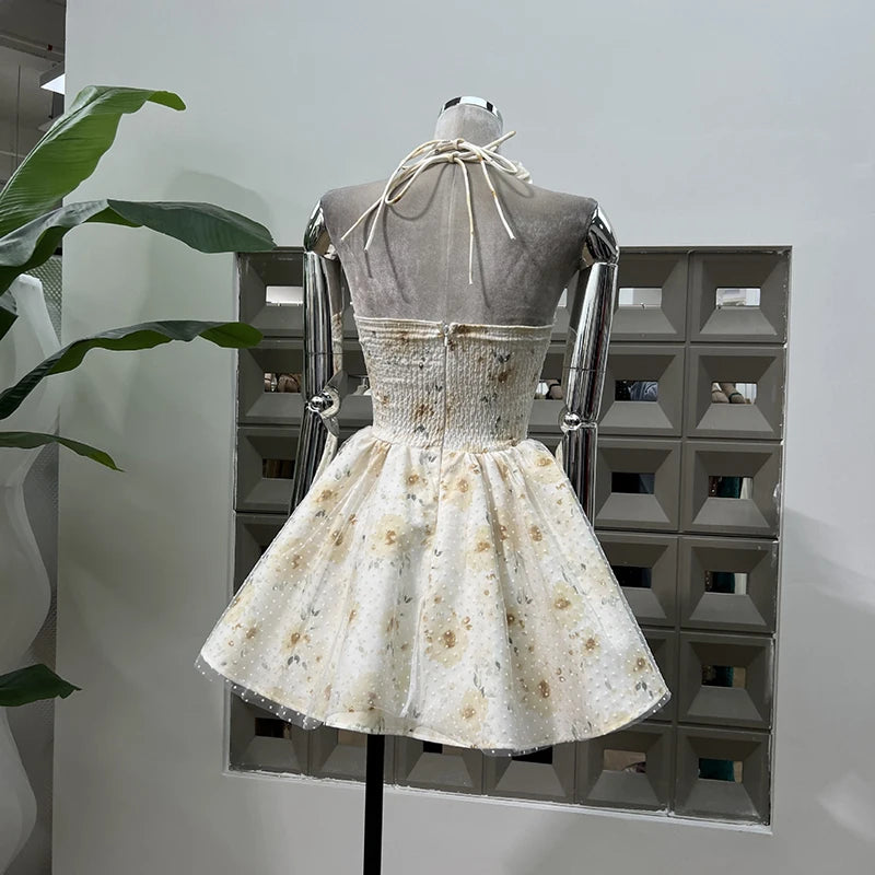 Lunivop  Fashion Women Dress Sleeveless Strapless Polka Dot Printing Lace Up Hanging Neck Flower Female Party Dress New Tide