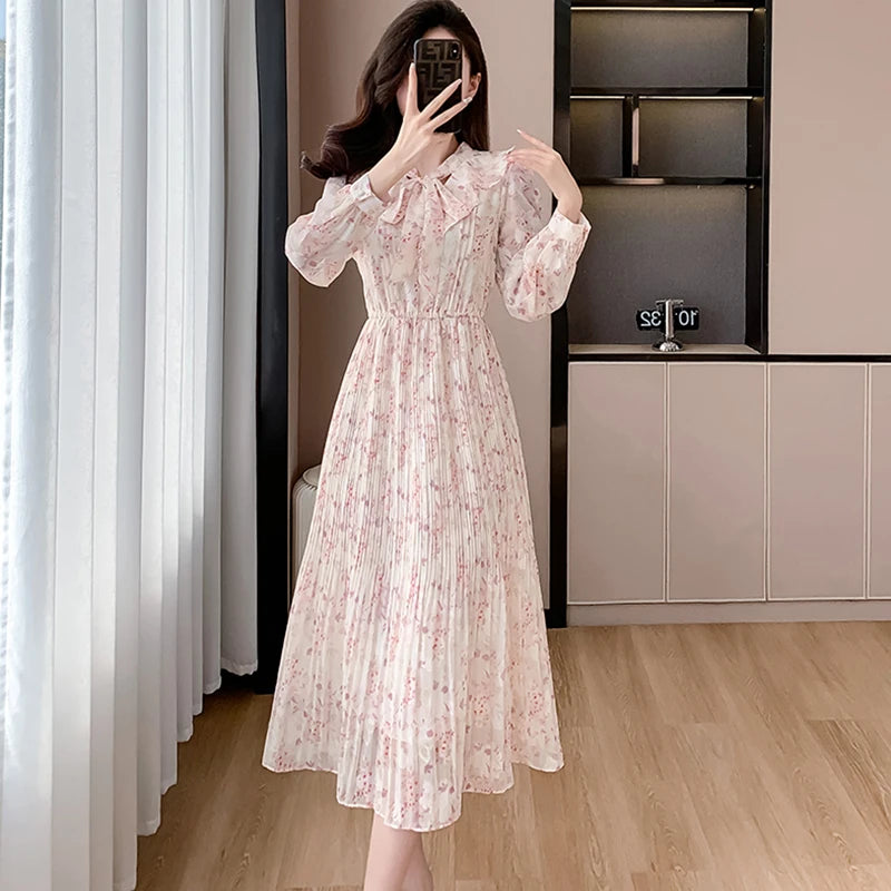 Lunivop  Pink Floral Chiffon Casual Beach Long Dress Women Spring Elegant Chic Bow Y2k Dress Korean Fashion Bodycon Evening Dresses