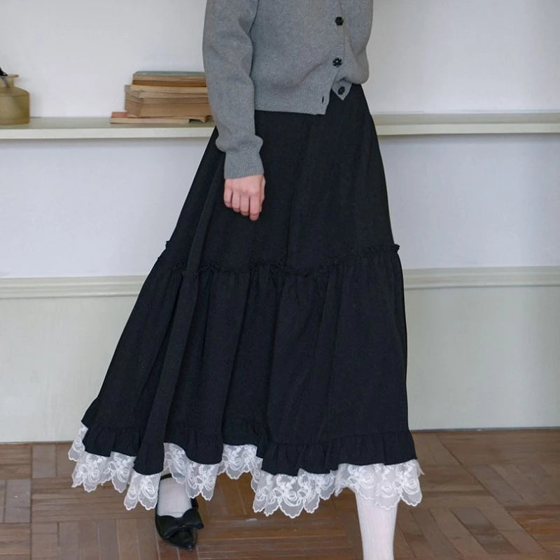 Lunivop  Deeptown Japanese Style Long Skirt Women Vintage Harajuku Gothic Black Skirts Elegant Lace Patchwork Autumn Winter A-line Skirt