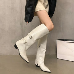 Lunivop Retro Style Women Knee High Boots New 2025 Fashion Belt Buckle Shoe Autumn Winter Wedges Heel Women Non-slip Knight Long Booties