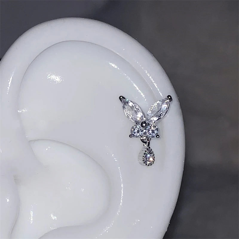 Lunivop Shiny Hollow Silver Color Rhinestone Butterfly 316L Stainless Steel Ear Bone Nail Delicate Waterproof Small Earrings for Women