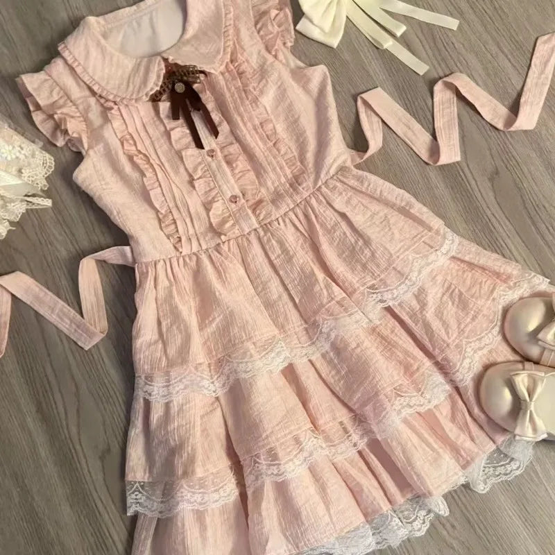 Lunivop  Summer New Vestidos De Mujer Sweet Peter Pan Collar Flying Sleeve Dresses Y2k Lace Patchwork Cake Dress for Women