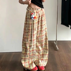 Lunivop  Summer White Pink Plaid Patchwork Pants for Women New High Waist Wide Leg Pants American Retro All-match Casual Trousers