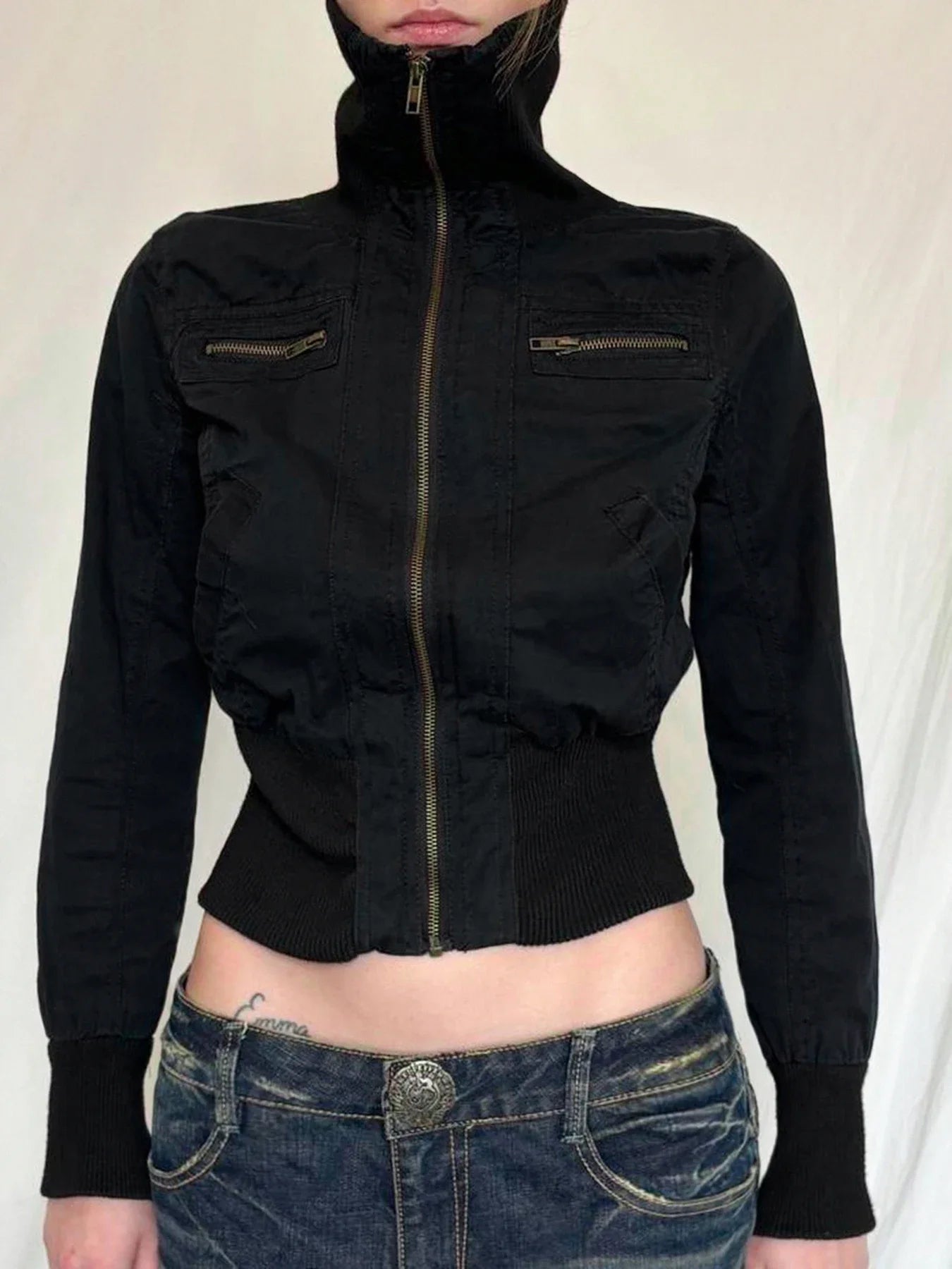 Lunivop Korean Street Style Black Zip Up Turtleneck Slim Long Sleeve Bomber Jackets For Women 2024 Autumn New Fashion Gothic Outwears