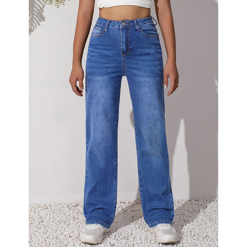 Lunivop  Female Daily Stretch High Waist Jeans Girls Classic Blue Straight Leg Denim Trousers Women Comfortable Leisure Thin Pants