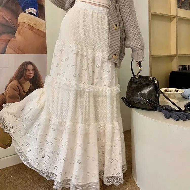 Lunivop  Sweet White Lace Cake Skirt for Women Y2k E-Girl High Waist A-line Skirts 2025 Spring New Mid-length Loose Faldas Largas