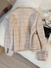 Lunivop Pink Women Sweet Tweed Jacket Vintage Long Sleeve Slim O Neck Coat Korean Fall Winter Retro Small Fragrance Elegant Tops