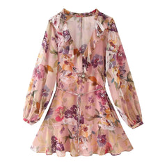 Lunivop  Ruffles V neck Floral Print Chiffon Full Sleeve Dress Woman Ball Tassel Lacing up Bow Waist Mini Summer Dresses Femme Robe