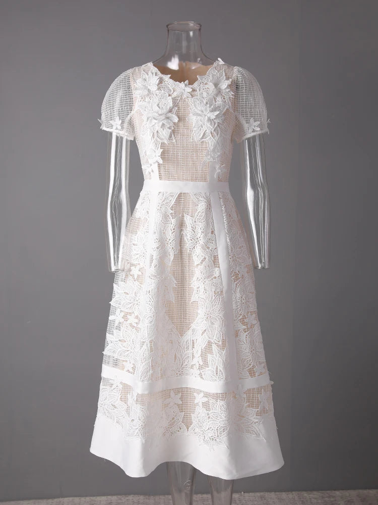 Lunivop Fashion Women Dress Short Sleeve Round Neck Lace Patchwork Female Elegant Dresses New Tide