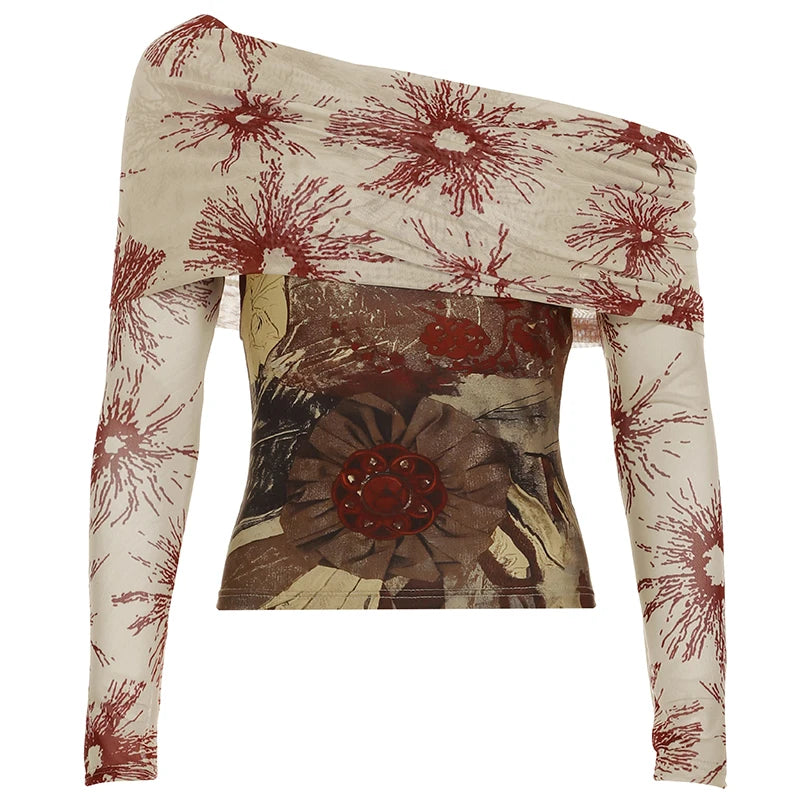 Lunivop  Vintage Mesh See Through Cropped Top y2k Aesthetic Floral Print Slash Neck Long Sleeve T-Shirts Women Retro Fashion Tees