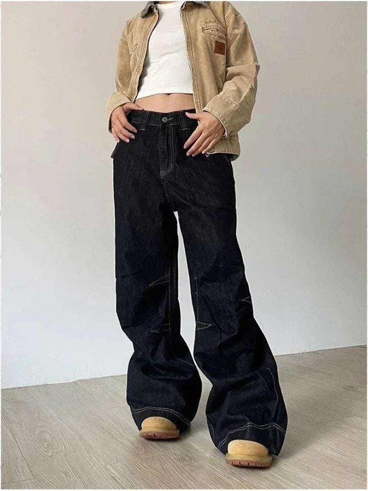 Lunivop Grunge Black Jeans Women Y2k Vintage Oversized High Street Wide Cargo Denim Trousers Casual Baggy Straight Denim Pants