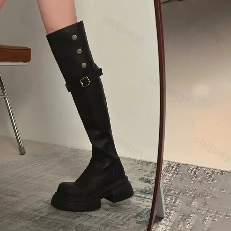 Lunivop New Autumn Winter Platform Women Over The Knee High Boots Fashion Buckle Slip on Thick High Heel Casual Long Botas De Mujer