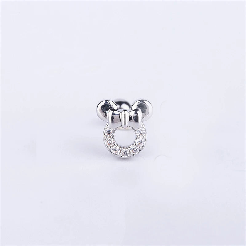 Lunivop 1 Pcs Cute Pink Zircon Bear Cross Love Heart 316L Stainless Steel Ear Bone Nail for Women Small Earrings Jewelry Birthday Gift