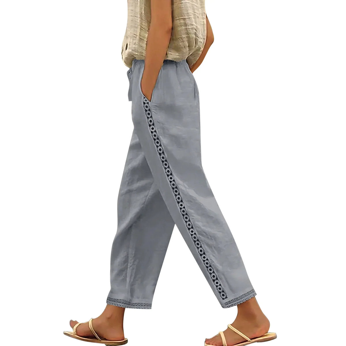 Lunivop  Women Fashion Embroidered Lace Trousers Vintage Lace-Up Pockets Pants Summer Elegant Loose Elastic Waist Long Pants Streetwears