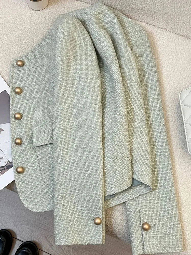 Lunivop Korean Sweet Green Jacket Women Casual O Neck Long Sleeve Tweed Coat Fashion Single Breasted Female Chic Blazer Jackets