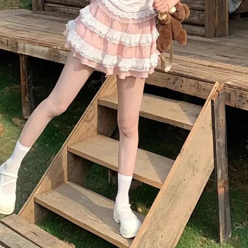 Lunivop  Fashion Sweet Puff Sleeve Bow Top Women+ Y2k Sexy Slim Waist Lace Patchwork Cake Skirts Sumemr New Two Piece Sets