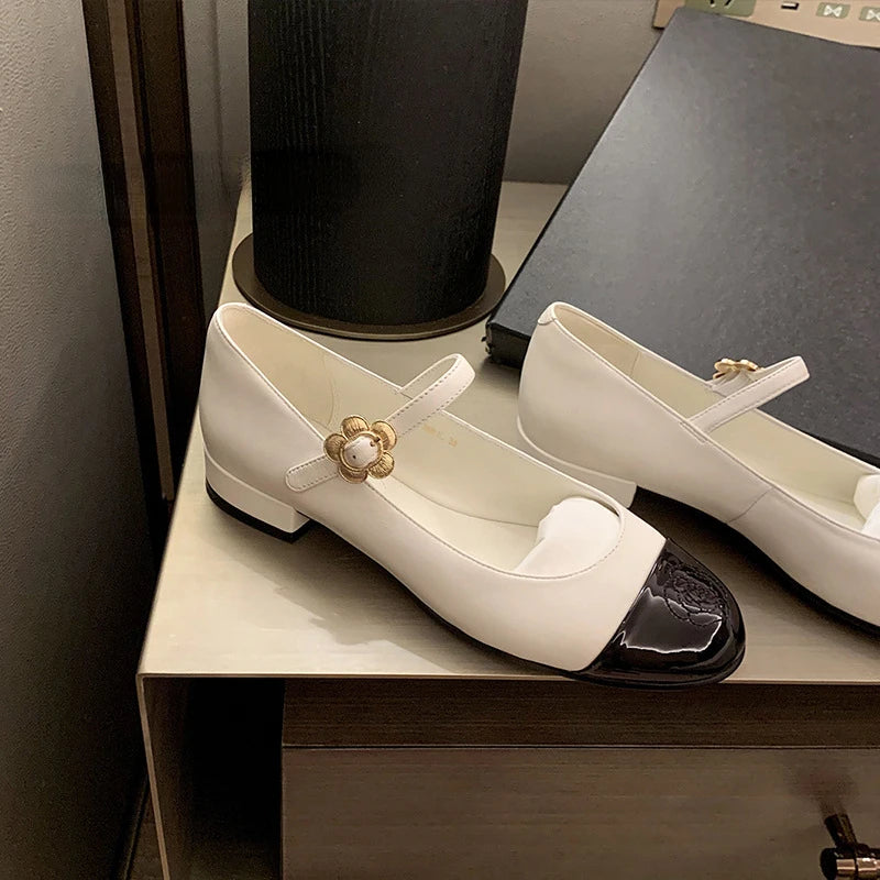 Lunivop Women Mary Jane Shoes New Fashion Shallow Flower Buckle Ladies Soft Sole Casual Shoes Elegant Low Heel Leather Shoes Flats