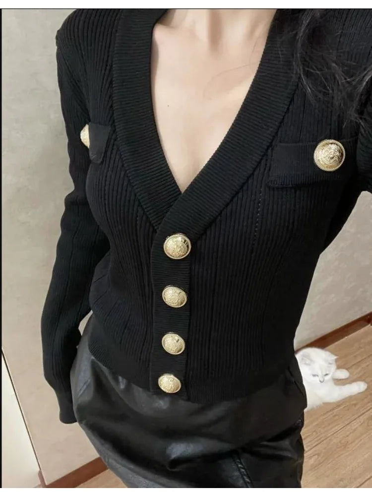 Lunivop Gold Button Front Knit Cardigan Women Long Sleeve Crop Sweater Jacket Fitted Top Teen-girl Fall Winter Vintage 90s Outfit