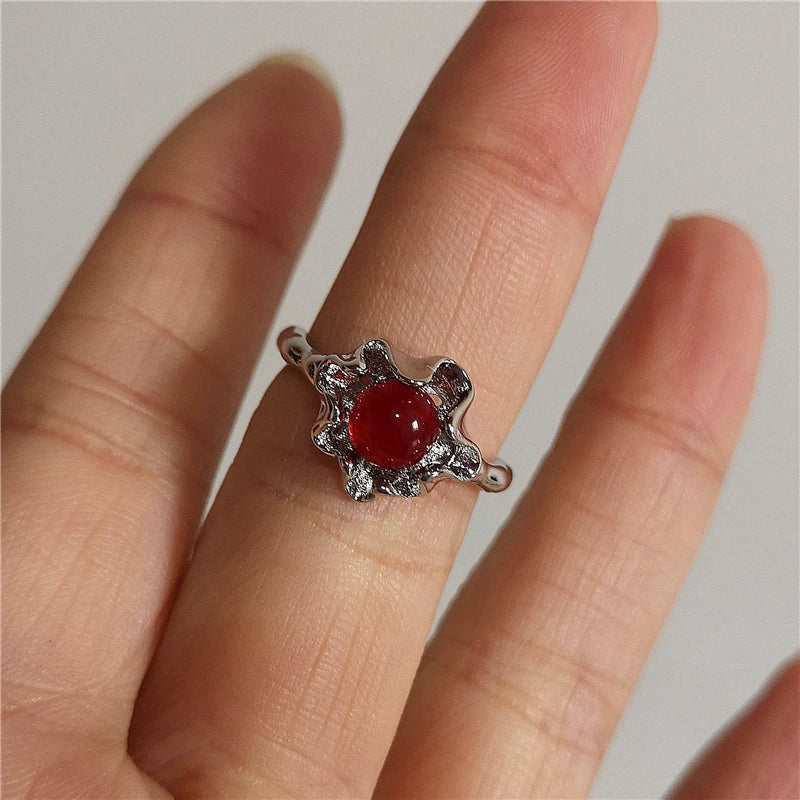 Lunivop Vintage Y2k Gothic Red Crystal Glass Irregular Geometry Aesthetic Open Rings For Women Punk Creative Grunge Jewelry Accessories