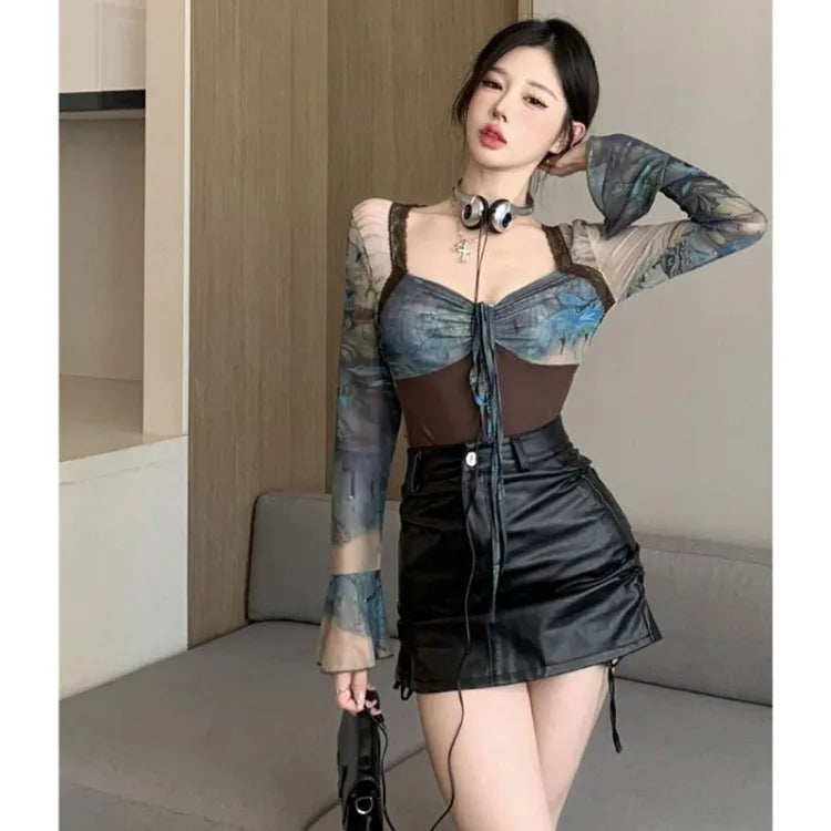 Lunivop  Elegant Vintage Tie Dye Patchwork Tops Mujer Sexy Slim Fit Long Sleeved T-shirt for Women Summer New Lace Up Tee Shirt