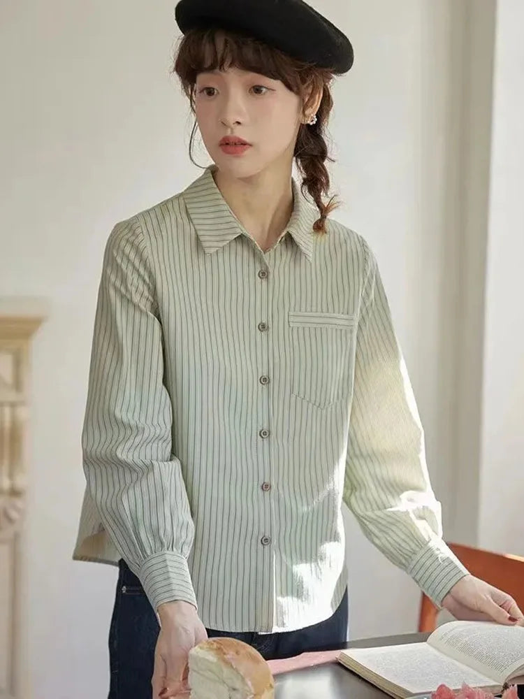 Lunivop Preppy Style Retro Striped Shirt Women Long Sleeve Elegant Sweet Blouse Japan Casual Pocket Fall Female Simple Vintage Tops New