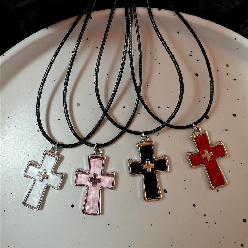 Lunivop Red Pink Large Cross Pendant Leather Choker Necklace Goth Punk Jewelry Charm Statement Women Men Y2k Accessories Halloween Gift