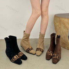 Lunivop Leopard Print Women Sock Boots New Fashion Pointed Toe Short Booties Elegant Back Zipper Thick Heel Botas De Mujer